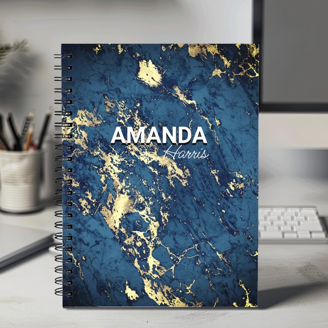 Elegant blue marble art faux guld glitter monogram anteckningsbok (Skapare uppladdad)