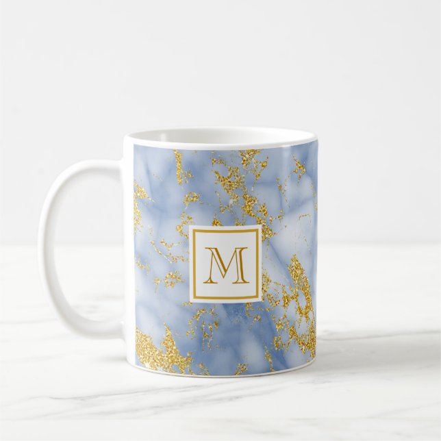 Elegant Blue Marble Monogram Faux Guld Glitter Kaffemugg (Vänster)