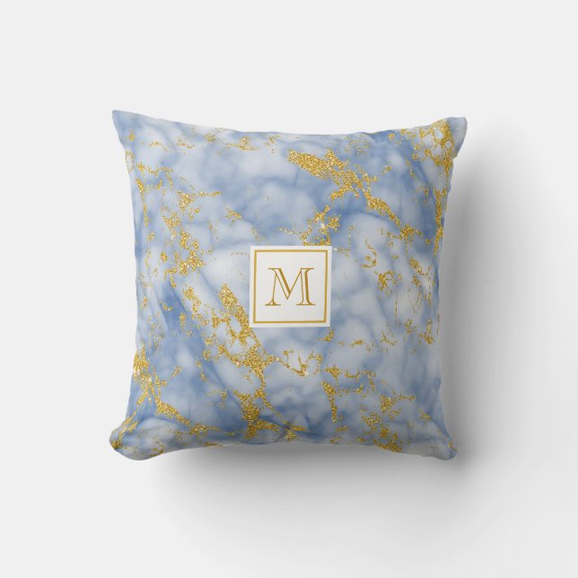 Elegant Blue Marble Monogram Faux Guld Glitter Kudde (Framsida)