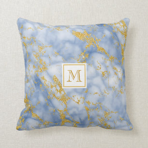 Elegant Blue Marble Monogram Faux Guld Glitter Kudde