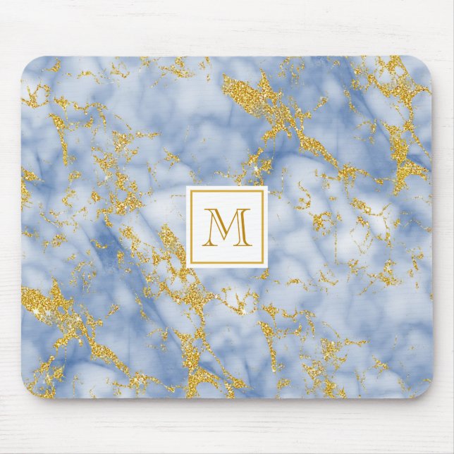 Elegant Blue Marble Monogram Faux Guld Glitter Musmatta (Framsidan)