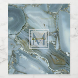 Elegant Blue Marble Natural Stone Mönster Monogram Vinflaska Etikett