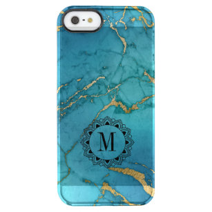 Elegant Blue Marble Stone Monogram Clear iPhone SE/5/5s Skal