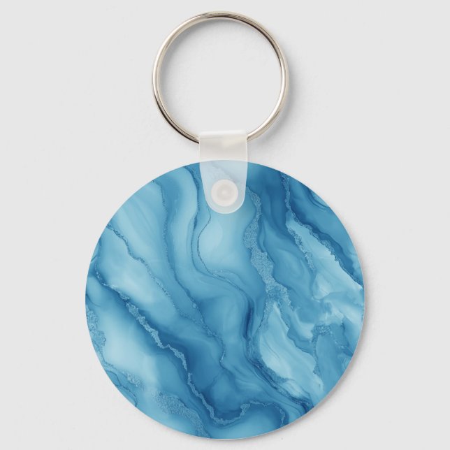 Elegant Blue Marble with Fluid Wave-Like Design  Nyckelring (Framsida)
