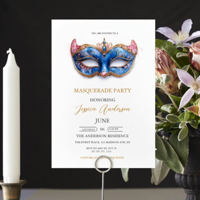 Elegant Blue Masqueraad Party Birthday Inbjudningar (Skapare uppladdad)