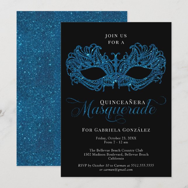 Elegant Blue Masqueramask Quinceanera Inbjudningar (Fram/baksida)