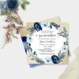 Elegant Blue med Guld Blommigt Quinceañera Inbjudningar