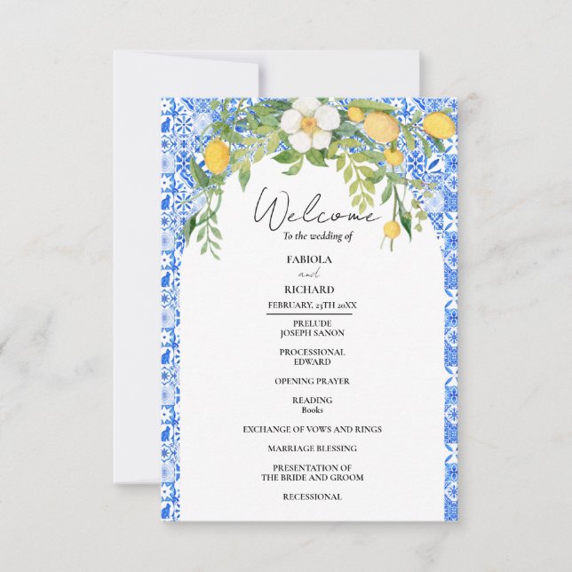 Elegant Blue Mediterranean Bröllopsprogram Card (Framsida)