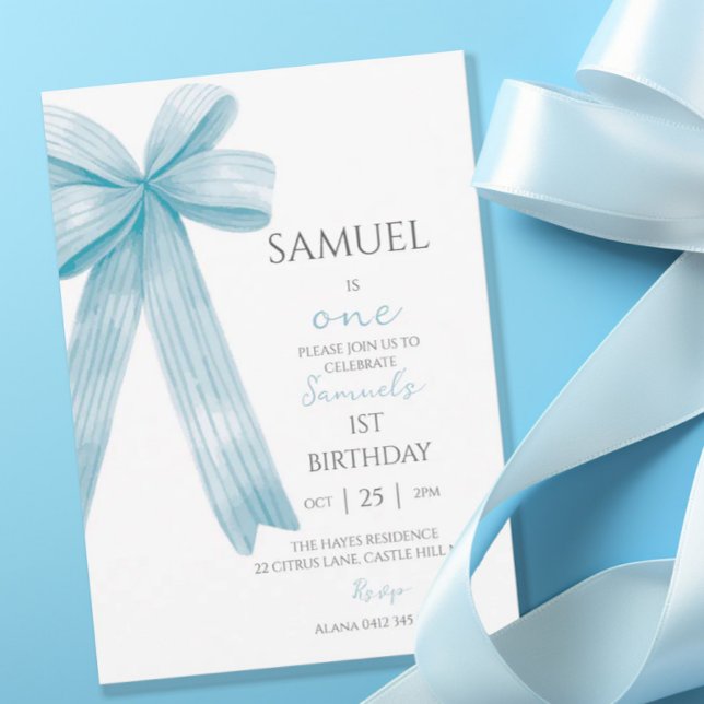 Elegant Blue Minimalistic Bow First BIrthday Boy Inbjudningar (Skapare uppladdad)