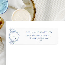 Elegant Blue Monogram Bröllop-etikett Returadress Etikett