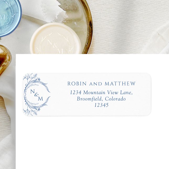 Elegant Blue Monogram Bröllop-etikett Returadress Etikett (Skapare uppladdad)