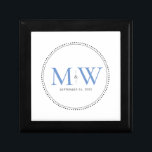 Elegant Blue Monogram Bröllop Gift Box Minnesask<br><div class="desc">Elegant Blue Monogram med Black Milgrain gräns. Den prickade gräns påminner om milkorn,  som är en smyckesformad teknik som ofta används för förlovning och bröllop ringar. Mjölkornet gräns lägger både ett modernt och elegant stil till denna monogrammade keepsaklåda.</div>