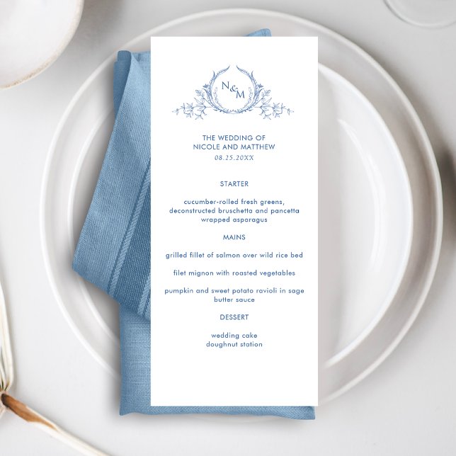 Elegant Blue Monogram Bröllop Meny (Skapare uppladdad)