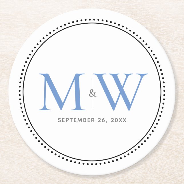 Elegant Blue Monogram Bröllop Underlägg Papper Rund (Framsidan)