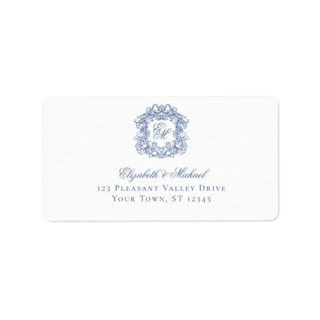 Elegant Blue Monogram Crest Wedding Address Adressetikett (Framsidan)
