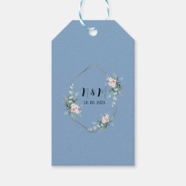 Elegant Blue Monogram Eucalyptus Bröllop Presentetikett