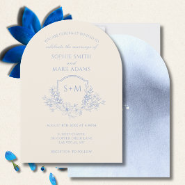 Elegant Blue Monogram Initial Vapensköld Blommigt  Inbjudningar