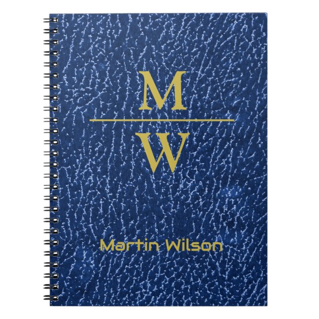 Elegant Blue Monogram Luxe Struktur Guld Lettering Anteckningsbok (Framsidan)