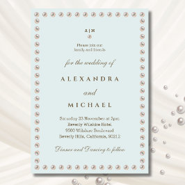 Elegant Blue Monogram Pearl Bröllop Inbjudningar