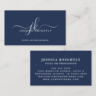 Elegant Blue Monogram Script Initialer Visitkort