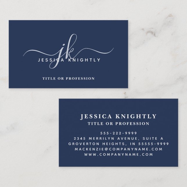 Elegant Blue Monogram Script Initialer Visitkort (Fram/baksida)