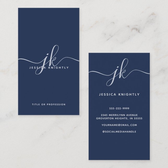 Elegant Blue Monogram Script Initialer Visitkort (Fram/baksida)