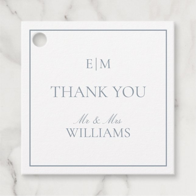 Elegant Blue Monogram Tack-skript Bröllop Gåvor Etiketter (Framsida)