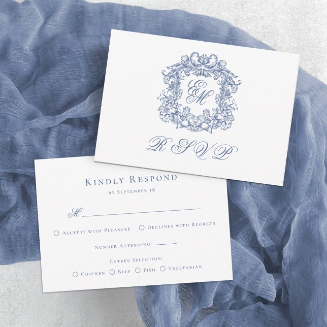 Elegant Blue Monogram Vapensköld Bröllop OSA Kort (Skapare uppladdad)