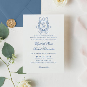 Elegant Blue Monogram Vapensköld Traditional Bröll Inbjudningar