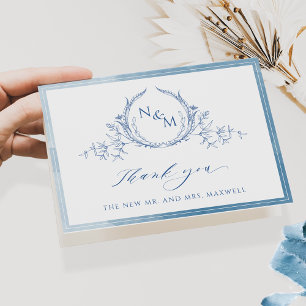 Elegant Blue Monogram, Watercolor Bröllop, Tack Kort