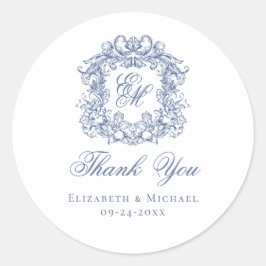 Elegant Blue Monogram Wedding Crest Thank You Runt Klistermärke