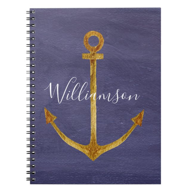 Elegant Blue Nautical Guld Anchor Boat Yacht Anteckningsbok (Framsidan)