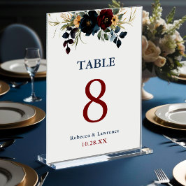 Elegant Blue navy burgundy blommigt bröllop Bordsnummer