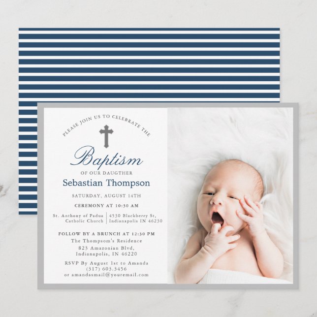 Elegant Blue Navy Rand Photo Baptism Inbjudningar (Fram/baksida)