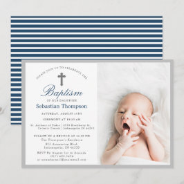 Elegant Blue Navy Rand Photo Baptism Inbjudningar