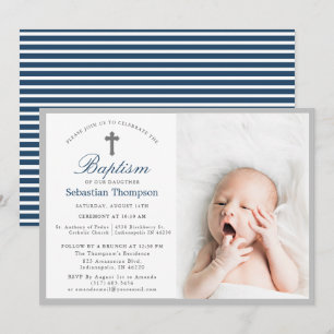 Elegant Blue Navy Rand Photo Baptism Inbjudningar