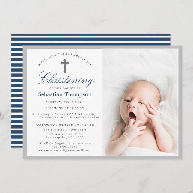 Elegant Blue Navy Rand Photo Christening Inbjudningar (Fram/baksida)