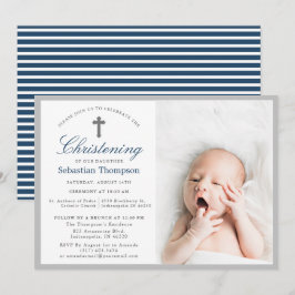Elegant Blue Navy Rand Photo Christening Inbjudningar
