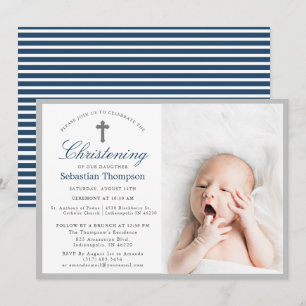 Elegant Blue Navy Rand Photo Christening Inbjudningar