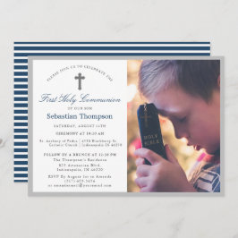 Elegant Blue Navy Rand Photo First Communion Inbjudningar