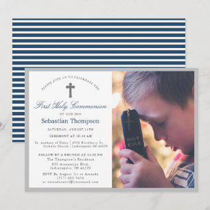 Elegant Blue Navy Rand Photo First Communion Inbjudningar