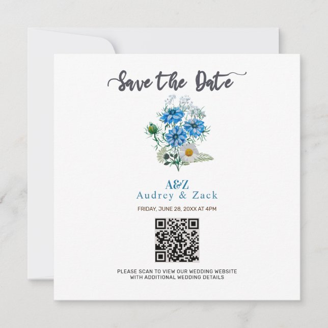 Elegant Blue Nigella Flower BRÖLLOP QR SCAN-kort Spara Datumet (Framsida)