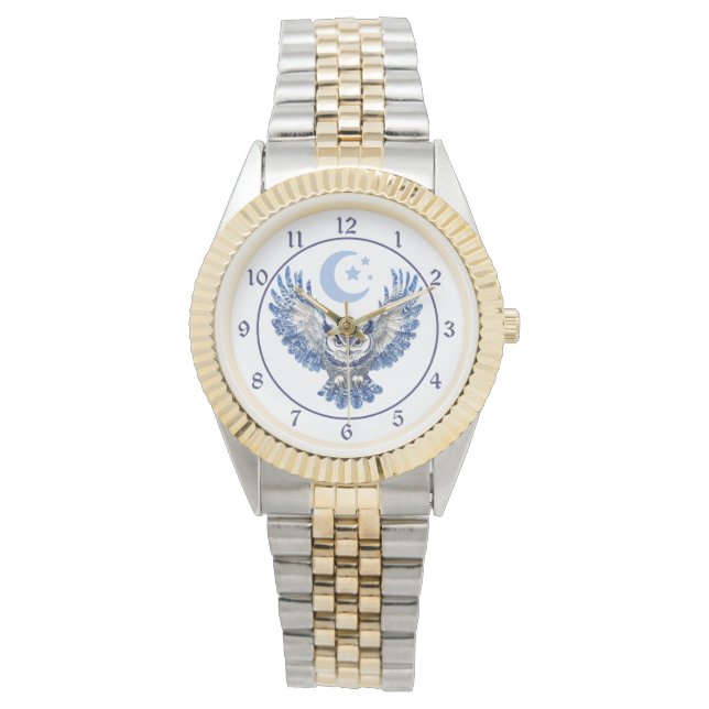 Elegant Blue Night Owl and Moon Armbandsur (Framsida)