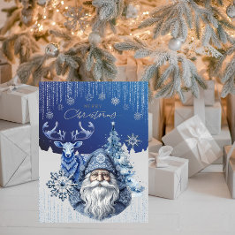 Elegant Blue Nordic Santa Christmas Cheer Julkort