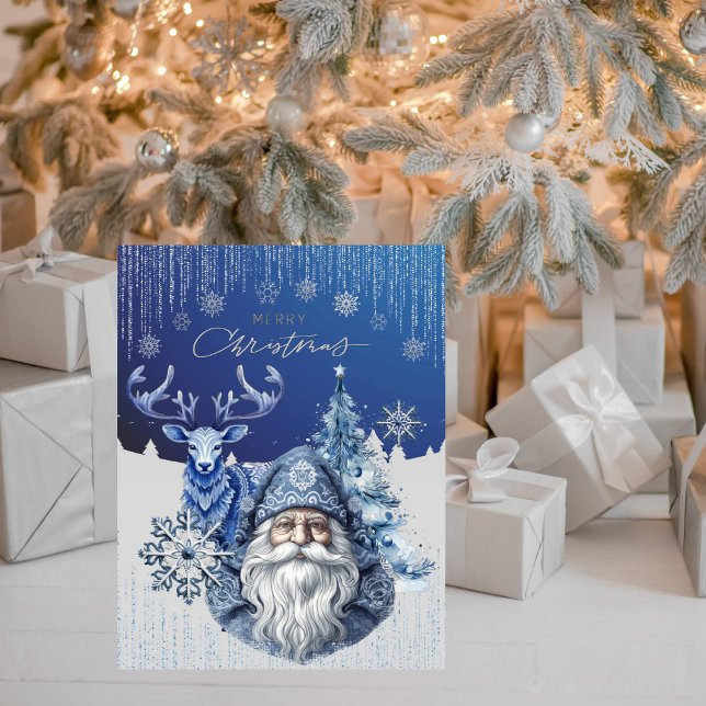 Elegant Blue Nordic Santa Christmas Cheer Julkort (Skapare uppladdad)