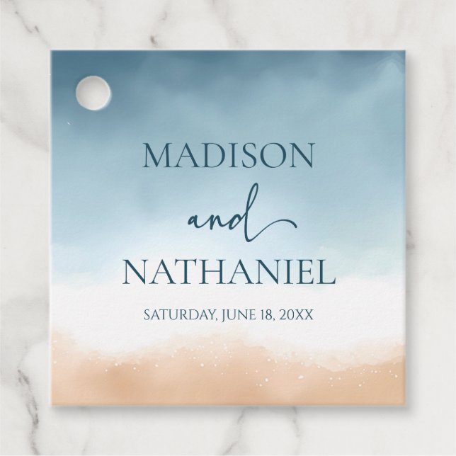 Elegant Blue Ocean Beach Shore Sand Bröllop Gåvor Etiketter (Framsida)