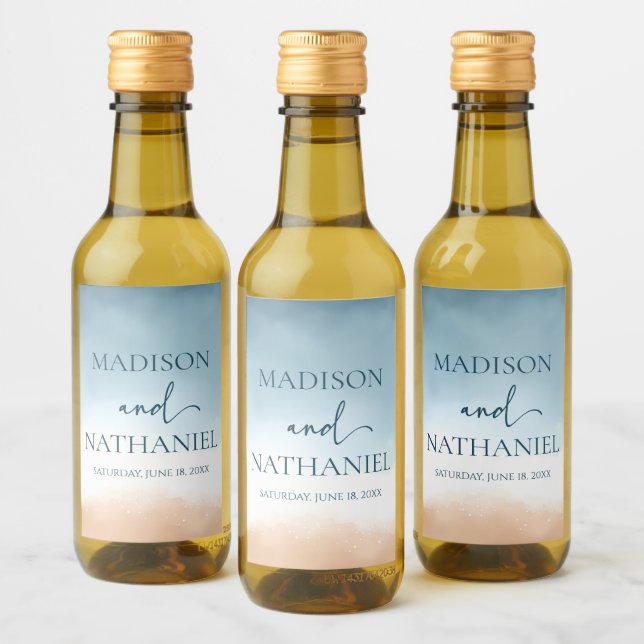 Elegant Blue Ocean Beach Shore Sand Bröllop Vinetikett (Flaskor)