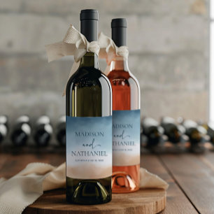 Elegant Blue Ocean Beach Shore Sand Bröllop Vinflaska Etikett