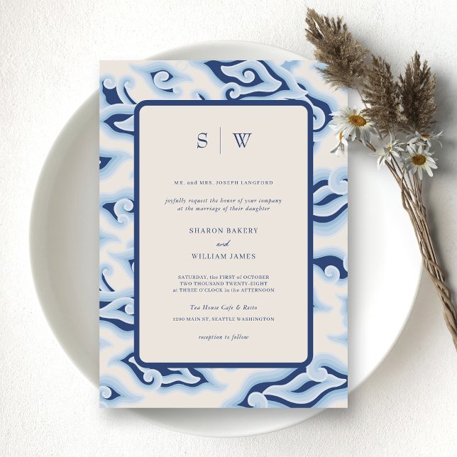 Elegant Blue Ocean Vågar Monogram Bröllop Inbjudningar (Design Your Personalized Vintage Batik Wedding Invitation)