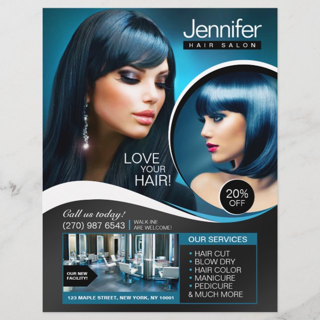 Elegant Blue- och Black Hair Salon Flyer (Framsidan)